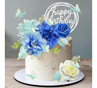BSITSSS 14PCS Floral Cake Decorations Flowers for Cakes, Blue White Flower Cake Decorating Topper with Leaves for DIY Wedding Birthday Party