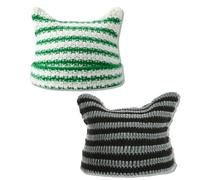 BSITSSS 2 PCS Cat Ear Beanie Hat for Women,Elastic Green Black Wooly Hat, Vintage Striped Winter Hats Warm Crochet Knitted Ladies Hats for Women Girls Adults