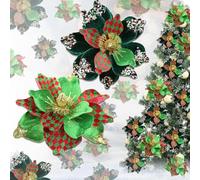 BSITSSS 2 PCS Large Poinsettia Christmas Decorations Glitter Flowers, 26cm Green Red Artificial Christmas Tree Flowers Decor with Stems, Fake Floral for Xmas Tree Garland Wreath New Year Decoration