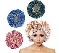 BSITSSS 4 Pcs Shower Cap Double Layer, Shower Caps for Women Shower Caps Elastic Band Waterproof Bath Caps Reusable Satin Shower Hat with Ruffled Edge Covering Ears for Long, Short and Curly Hairs