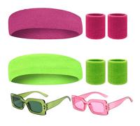 BSITSSS 80s Fancy Dress for Women, 90s Pink Themed Party Outfits, Green Ladies 80s Accessories, Neon Retro 1980s Rainbow Costume Accessories with Headband Wristbands Glasses