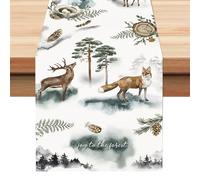 BSITSSS Christmas Table Runner 33 x 183 cm, Merry Christmas Forest Table Runner, Watercolour Elk Fox Pine Cone Xmas Tables Runners for Dining Tables Indoor Outdoor Kitchen Holiday Home Party Decor