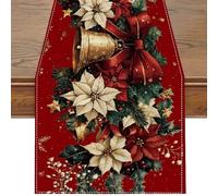 BSITSSS Christmas Table Runner 33 x 183 cm, Red Christmas Table Runner, Xmas Bells Poinsettia Flowers Table Decoration for Xmas Holiday Seasonal Home Party Decor
