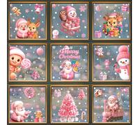 BSITSSS Christmas Window Stickers 9 Sheets, Pink Christmas Window Decorations, Santa Claus Snowman Reindeer Windows Clings Decals for Xmas Decoration