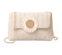 BSITSSS Crossbody Straw Bag, Hand Bag with Detachable Metal Chain, Flowers Handbag Crochet Clutch Evening Bag for Summer Beach Bohemian Party Travel Work Shopping