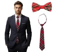 BSITSSS Fashion Tartan Tie with Classic Red Plaid + Bow Ties for Men, Adjustable Pre Tied Tartan Bow + Pre-Tied, Tangle-Free Necktie for Burns Night Party Decorations (Men/Women)