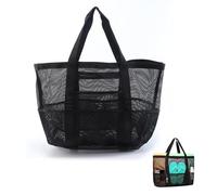 BSITSSS Large Mesh Beach Bag, Beach Tote Bag, Lightweight Durable 9 Pockets Beach Bags for Family, Foldable Shopping Bag with Inner Pocket