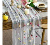 BSITSSS Table Runner Embroidery Daisy 30 x 275cm, Sheer Chiffon Florals Table Runner, Tulle Wedding Tables Decoration for Baby Bridal Shower Birthday Sunmmer Kitchen Dining Home Party Indoor