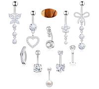 BSJ4U 10 Pcs Gold Plated Silver Belly Button Ring Dangle Hypoallergenic Surgical Stainless Steel Belly Rings for Women CZ Floating Clicker Heart Pearl Bow Flower Butterfly Navel Piercing Jewelry