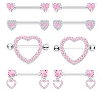 BSJ4U Nipple Ring and Belly Button Ring Set 14G Stainless Steel Sparkly Pink CZ Heart Bar Barbell Nipple Belly Piercing Body Jewelry, Stainless Steel, cubic-zirconia