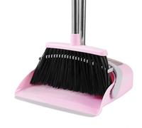 BSKLIN Broom and Dustpan Set, 54” Long Adjustable Handle Broom with Dustpan Combo Set Heavy Duty with Dust Pan Teeth to Clean Hair for Home Lobby Office (Medium Pink)