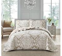 BSL 2 Piece Quilted Bedspread Throw Bedding Set Luxury Bed Throw Comforter and 1 Pillow Shams Floral and Damask Printed Design Machine Washable (Royal Damask Beige, Single)