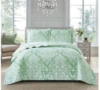 BSL 3 Piece Quilted Bedspread Throw Bedding Set Luxury Bed Throw Comforter and 2 Pillow Shams Floral and Damask Printed Design Machine Washable (Royal Damask Green, Double)