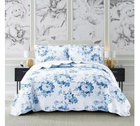 BSL 3 Piece Quilted Bedspread Throw Bedding Set Luxury Bed Throw Comforter and 2 Pillow Shams Floral and Damask Printed Design Machine Washable (Vintage Blue, Super King)