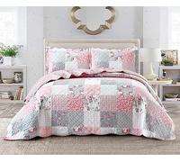 BSL 3 Piece Quilted Bedspread Throw Bedding Set Luxury Bed Throw Comforter and 2 Pillow Shams Floral and Damask Printed Design Machine Washable (Floral Grey B, King)