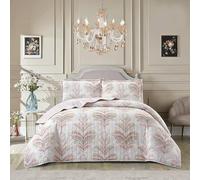 BSL 3 Piece Quilted Bedspread Throw Bedding Set Luxury Bed Throw Comforter and 2 Pillow Shams Floral and Damask Printed Design Machine Washable (Jasmine Pink, King)