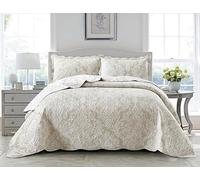 BSL 3 Piece Quilted Bedspread Throw Bedding Set Luxury Bed Throw Comforter and 2 Pillow Shams Floral and Damask Printed Design Machine Washable (Damask Beige, King)