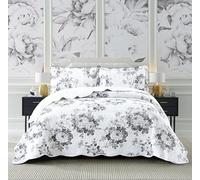 BSL 3 Piece Quilted Bedspread Throw Bedding Set Luxury Bed Throw Comforter and 2 Pillow Shams Floral and Damask Printed Design Machine Washable (Vintage Grey, King)