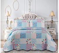 BSL Quilted Patchwork Bedspread Bedding Set 3 Piece Printed Coverlet Includes Bed Throw and 2 Pillow Shams Floral and Check Embroidered Machine Washable (Floral Blue, Double)