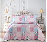 BSL Quilted Patchwork Bedspread Bedding Set 3 Piece Printed Coverlet Includes Bed Throw and 2 Pillow Shams Floral and Check Embroidered Machine Washable (Floral Pink, King)