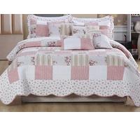 BSL Quilted Patchwork Bedspread Bedding Set 3 Piece Printed Coverlet Includes Bed Throw and 2 Pillow Shams Floral and Check Embroidered Machine Washable (Maison, Super King)