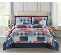BSL Quilted Patchwork Bedspread Bedding Set 3 Piece Printed Coverlet Includes Bed Throw and 2 Pillow Shams Floral and Check Embroidered Machine Washable (Check Red, Double)