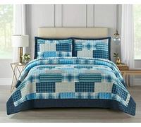 BSL Quilted Patchwork Bedspread Bedding Set 3 Piece Printed Coverlet Includes Bed Throw and 2 Pillow Shams Floral and Check Embroidered Machine Washable (Check Blue, Double)