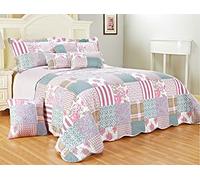 BSL Quilted Patchwork Bedspread Bedding Set 3 Piece Printed Coverlet Includes Bed Throw and 2 Pillow Shams Floral and Check Embroidered Machine Washable (Blossom, Double)