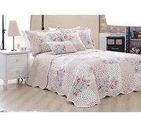 BSL Quilted Patchwork Bedspread Bedding Set 3 Piece Printed Coverlet Includes Bed Throw and 2 Pillow Shams Floral and Check Embroidered Machine Washable (Meadow, Super King)