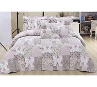 BSL Quilted Patchwork Bedspread Bedding Set 3 Piece Printed Coverlet Includes Bed Throw and 2 Pillow Shams Floral and Check Embroidered Machine Washable (Zurich, Super King)
