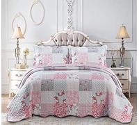 BSL Quilted Patchwork Bedspread Bedding Set 3 Piece Printed Coverlet Includes Bed Throw and 2 Pillow Shams Floral and Check Embroidered Machine Washable (Floral Grey, Double)
