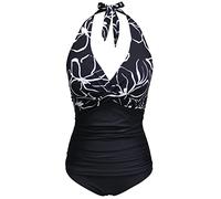 Bslingerie® Ladies Retro Push Up Monokini One Piece Swimwear (XL, Black Floral)