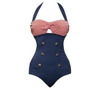 Bslingerie® Ladies Retro Vintage Push Up Plus Size Monokini One Piece Swimwear (XL, Red Navy Blue)