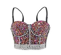 Bslingerie® Madonna Style Metallic Studs Sequined Bustier Corset Bra Top (XXL, Red Crystals)