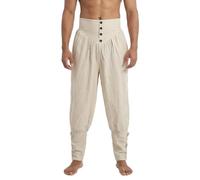 Bslingerie Men's Medieval Pirate Trousers, Renaissance Viking Costume Pants with Drawstring & Pockets - Ankle Cuff Banded Tapered Fit (Beige, S)