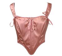 Bslingerie Pink Satin Corset Lace Up Crop Top Party Clubwear Lingerie