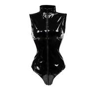 Bslingerie Sexy Wet Look PVC Zip Up Clubwear Bodysuit Teddy, Black Teddy, Large