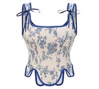 Bslingerie Vintage Medieval Renaissance Crop Top Lace-Up Corset Top for Women (UK, Alpha, S, Regular, Regular, Standard, Blue Floral)