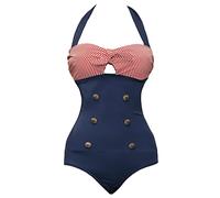 bslingerie Women 1950S Retro Vintage Push Up Monokini One Piece Swimsuit, Red Blue Color Block, X-Large