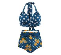 Bslingerie® Women Halter Retro High Waisted Bikini Swimsuit 2 Pcs Set (Blue Floral, S)