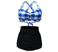 Bslingerie® Women Halter Retro High Waisted Bikini Swimsuit 2 Pcs Set (M, Blue Checkered)