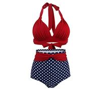 Bslingerie® Women Halter Retro High Waisted Bikini Swimsuit 2 Pcs Set (Red, M)