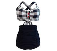 Bslingerie® Women Halter Retro High Waisted Bikini Swimsuit 2 Pcs Set (S, Black Checkered)