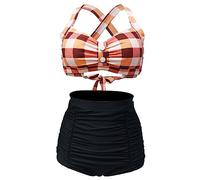 Bslingerie® Women Halter Retro High Waisted Bikini Swimsuit 2 Pcs Set (S, Red Checkered)