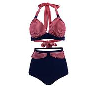 Bslingerie® Women Halter Retro High Waisted Bikini Swimsuit 2 Pcs Set (Sailor Stripe, M)