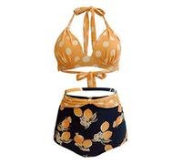 Bslingerie® Women Halter Retro High Waisted Bikini Swimsuit 2 Pcs Set (Yellow Floral, XXL)