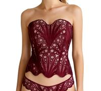 bslingerie Women Lace Trim Floral Sheer Lace Up Patchwork Bustier Corset Top, Deep Red, S