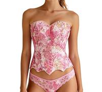 bslingerie Women Lace Trim Floral Sheer Lace Up Patchwork Bustier Corset Top, Pink, Medium