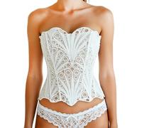 bslingerie Women Lace Trim Floral Sheer Lace Up Patchwork Bustier Corset Top, White, S