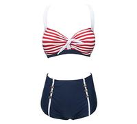 bslingerie® Women Retro Vintage Push Up High Waisted Bikini Swimsuit Plus Size, Blue & Red, Small